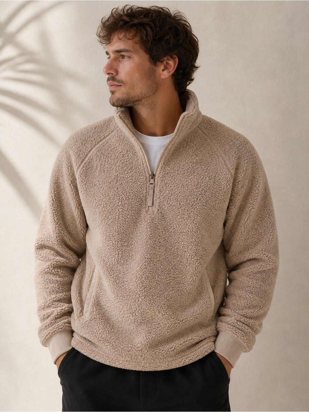 Goodfellow & Co Men's Taupe Zip-Up Sherpa Pullover - Picture 1 of 7